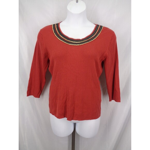 August Silk Ribbed Knit Sweater Top Size XL Embellished Neck New - Picture 1 of 8